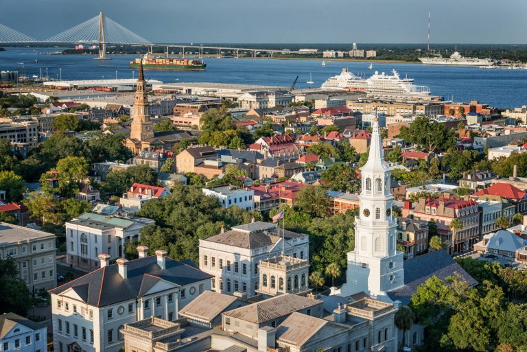 Aerial view over Charleston's historic district and harbor